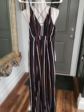 Striped Navy Wide-Leg Open Leg Jumpsuit with Crisscross Back